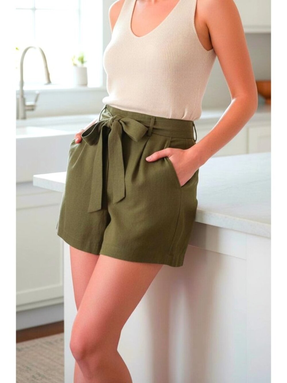 Dalia XXL Linen Blend Elastic High-Rise Belted Tie Shorts Breathable Olive Green